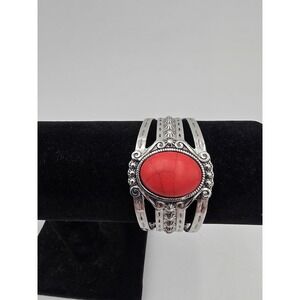 Red Dyed Howlite Stone Silver Tone Cuff Bracelet Bangle Boho